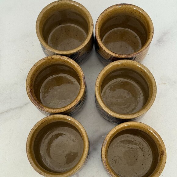 Vintage Pottery Teapot Woven Handle 6 Matching Cups Set In Earthy Tones - Picture 9 of 10